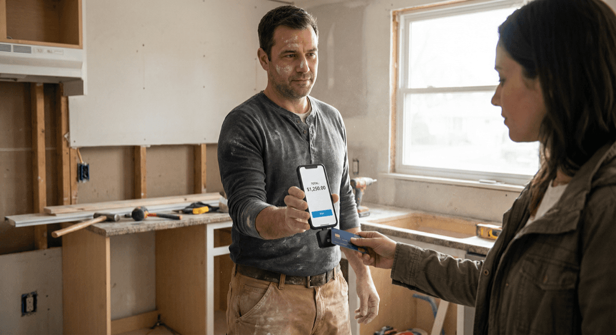 Contractor accepting a credit card payment on his phone at a job site