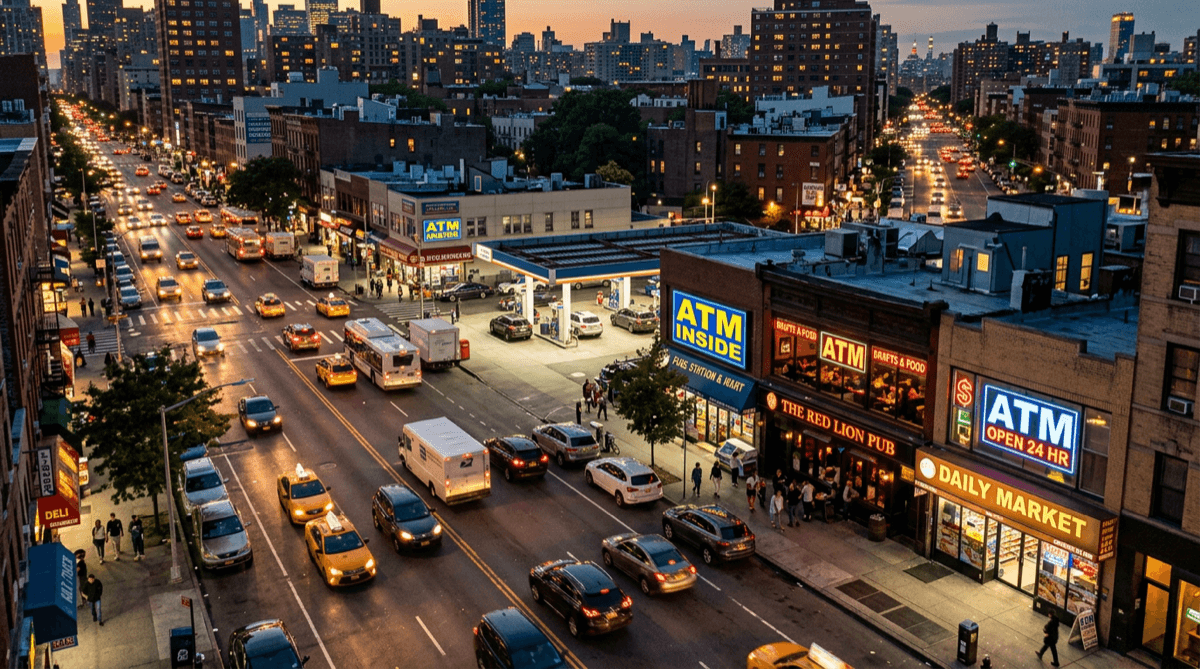 Aerial view of a busy city street at dusk showing multiple businesses with ATM signs