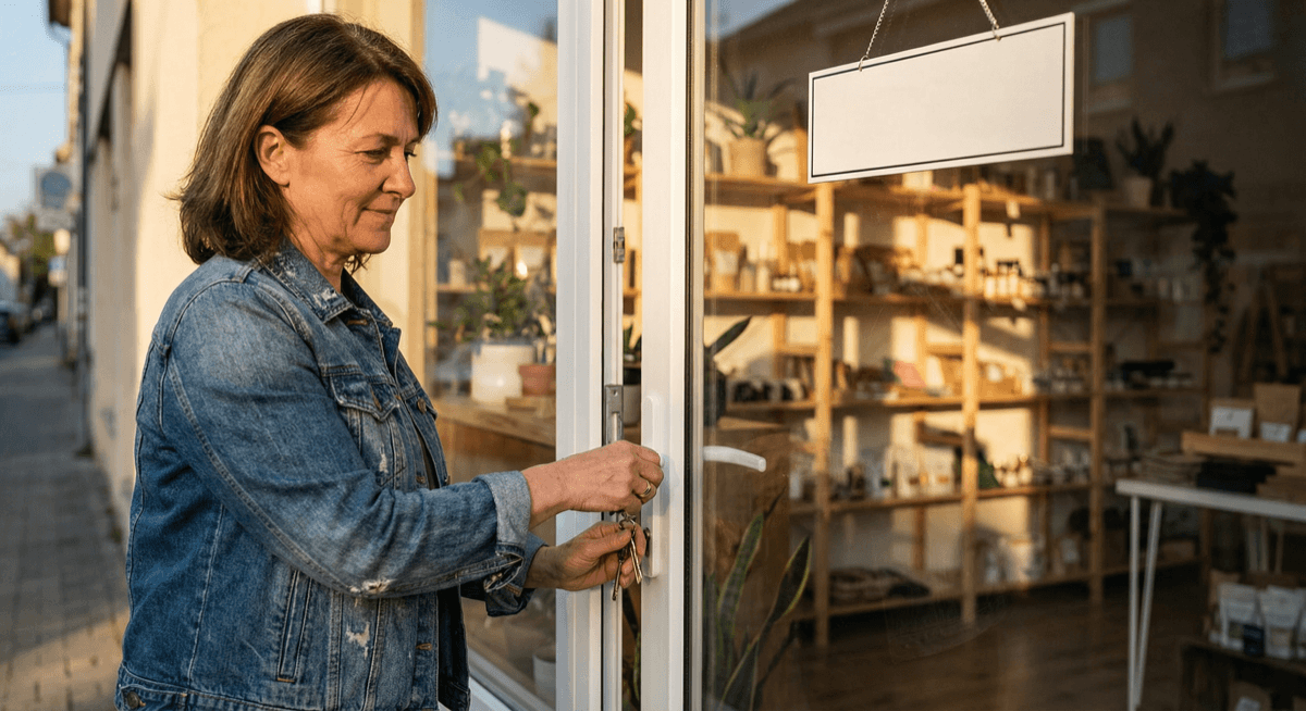 Small business owner confidently opening her retail shop door in morning sunlight