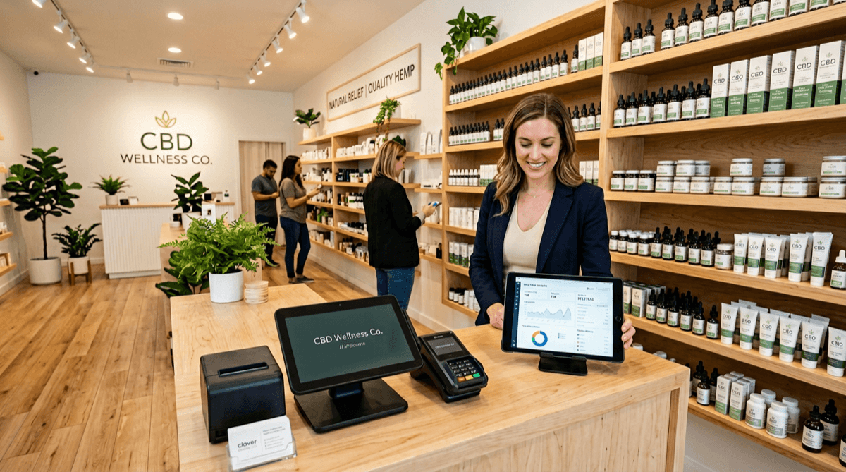 CBD wellness store owner reviewing payment processing analytics on tablet at checkout counter with Clover POS terminal