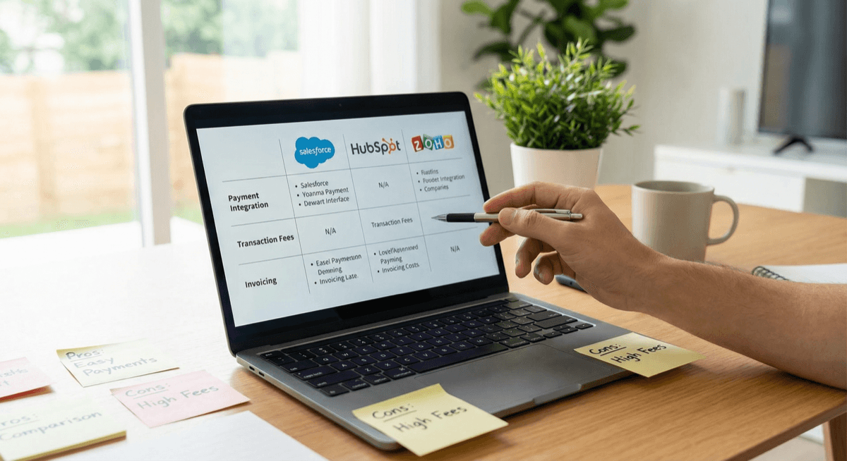 Comparing CRM platforms with payment integration features on a laptop