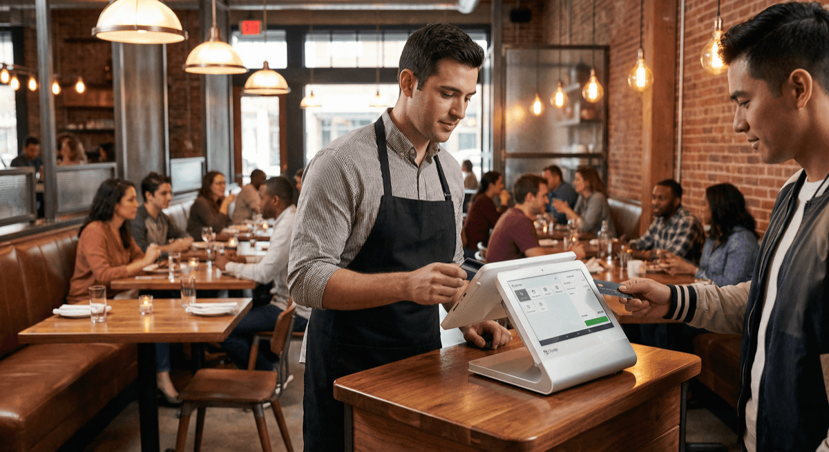 Server processing a customer payment on a Clover Station Duo POS in a busy restaurant