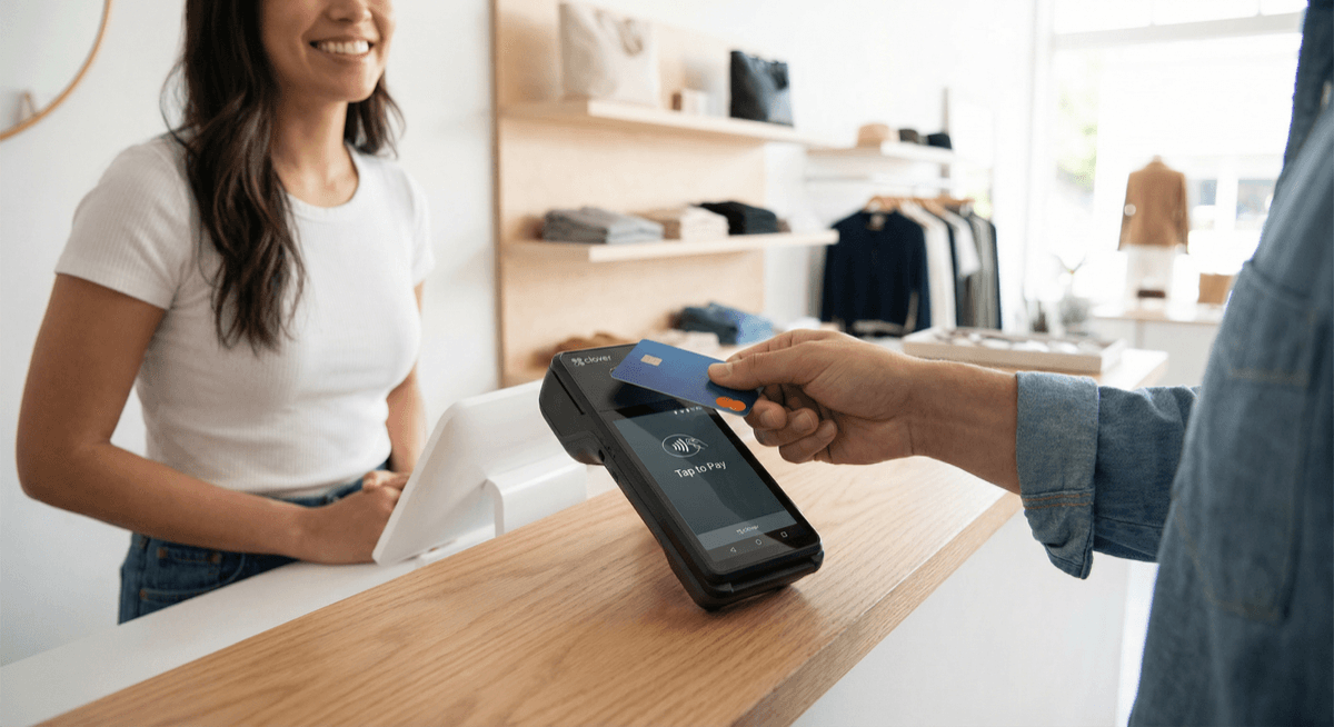 Customer tapping credit card on a Clover Flex terminal at a boutique retail counter