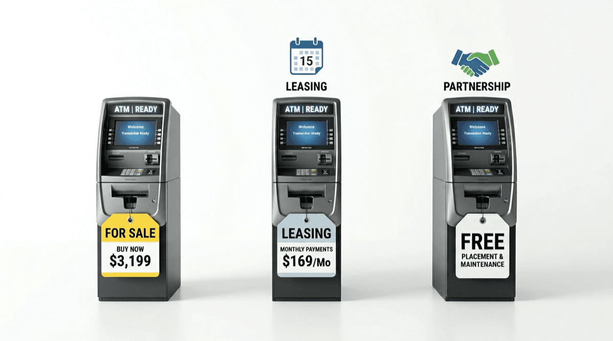 Side-by-side comparison of buying, leasing, and free ATM placement options