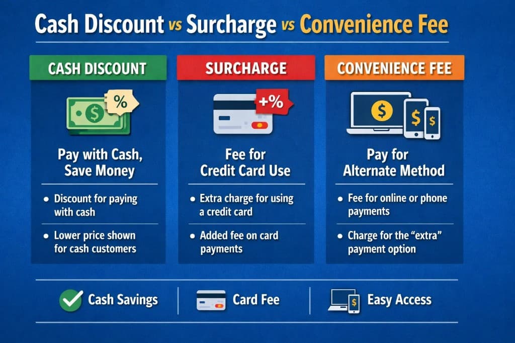 Cash discount vs surcharge vs convenience fee comparison chart