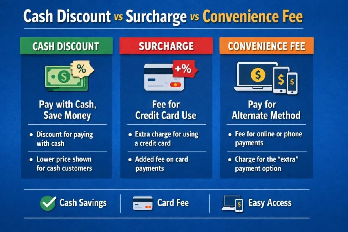 Cash discount vs surcharge vs convenience fee comparison chart