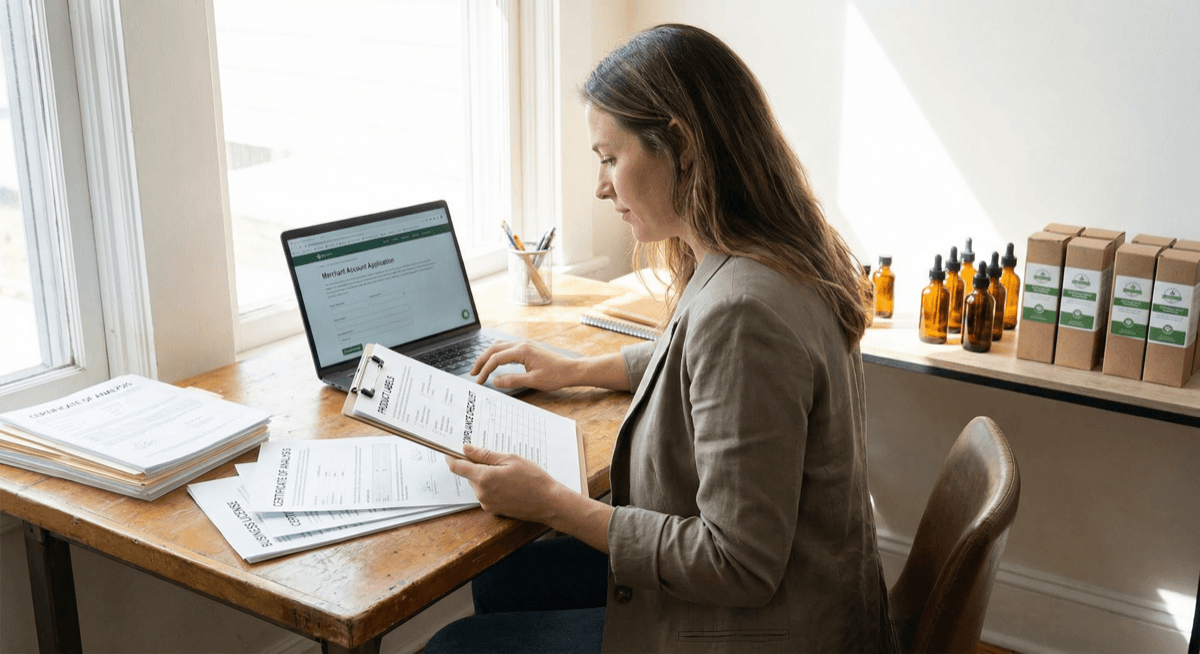 CBD business owner organizing compliance documents and COA lab reports at her desk