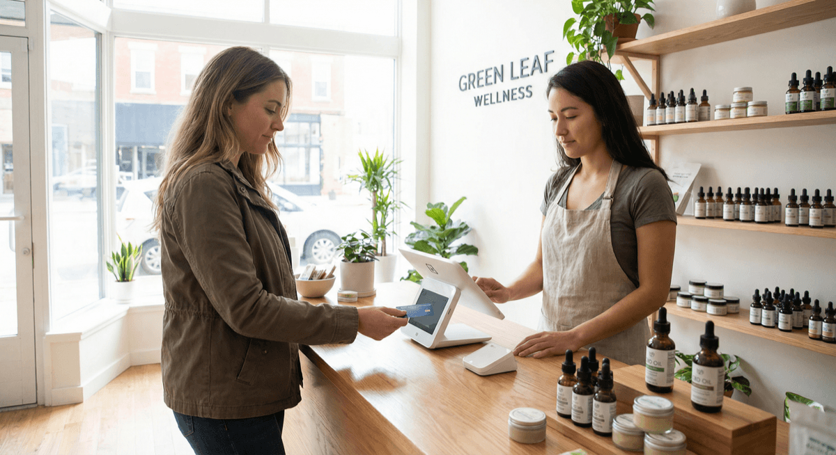 Customer paying with credit card at a CBD wellness shop using Clover Mini terminal