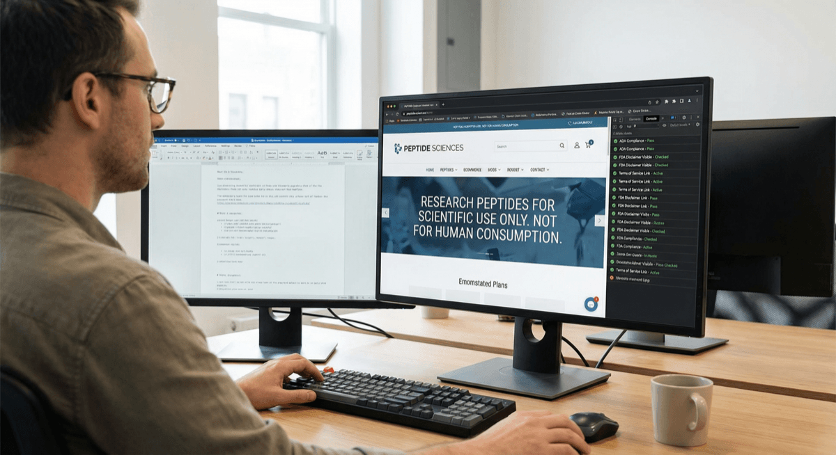 Developer reviewing a peptide ecommerce website for compliance on dual monitors