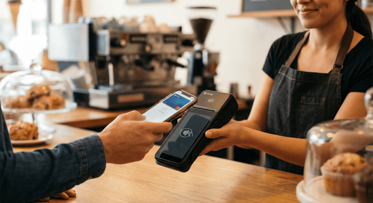 Customer tapping smartphone on a Clover Flex terminal for contactless NFC payment at a cafe