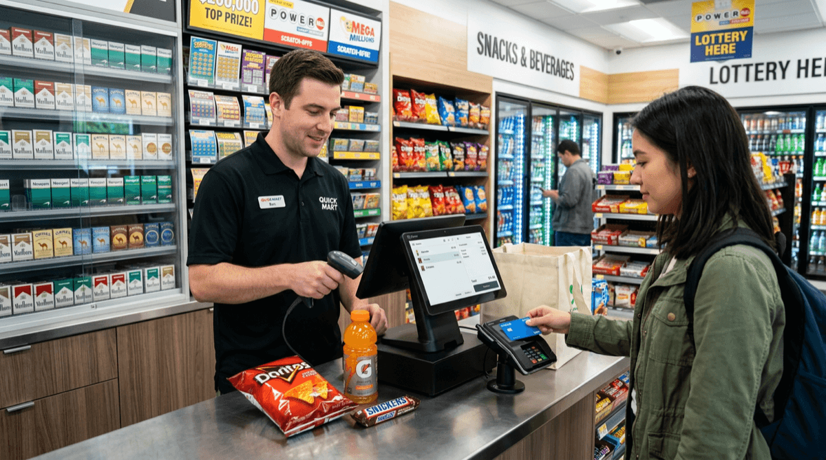 Convenience store clerk scanning items at a Clover POS terminal