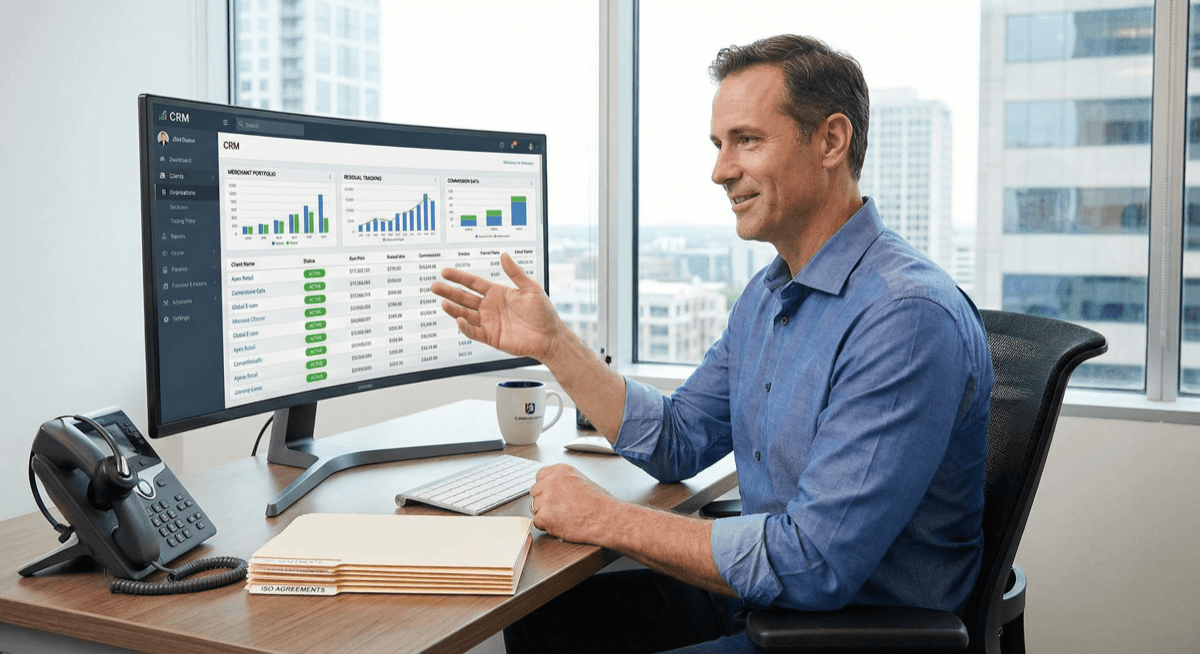 ISO agent managing merchant portfolio through a CRM system