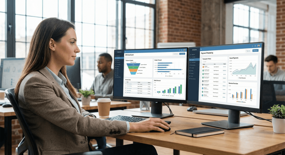 Professional working with CRM and payment processing dashboards on dual monitors