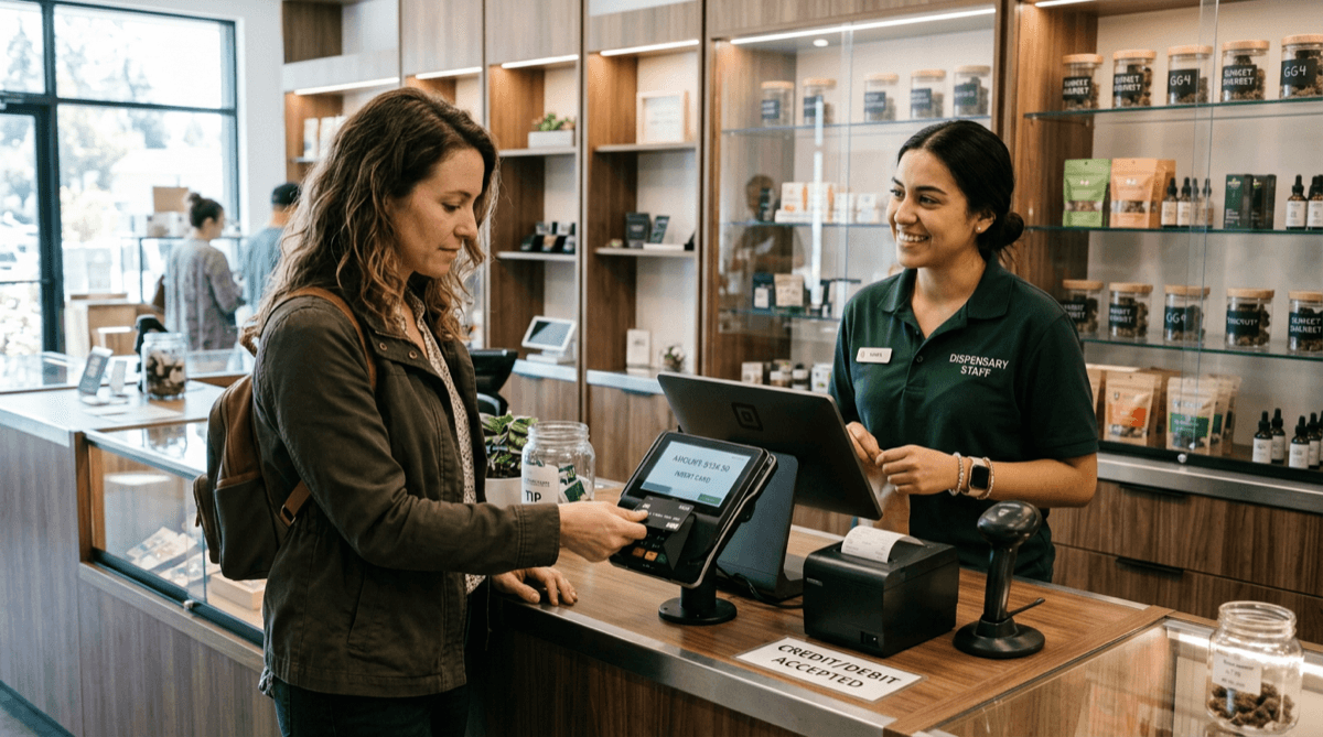 Customer using a debit card at a cannabis dispensary checkout counter