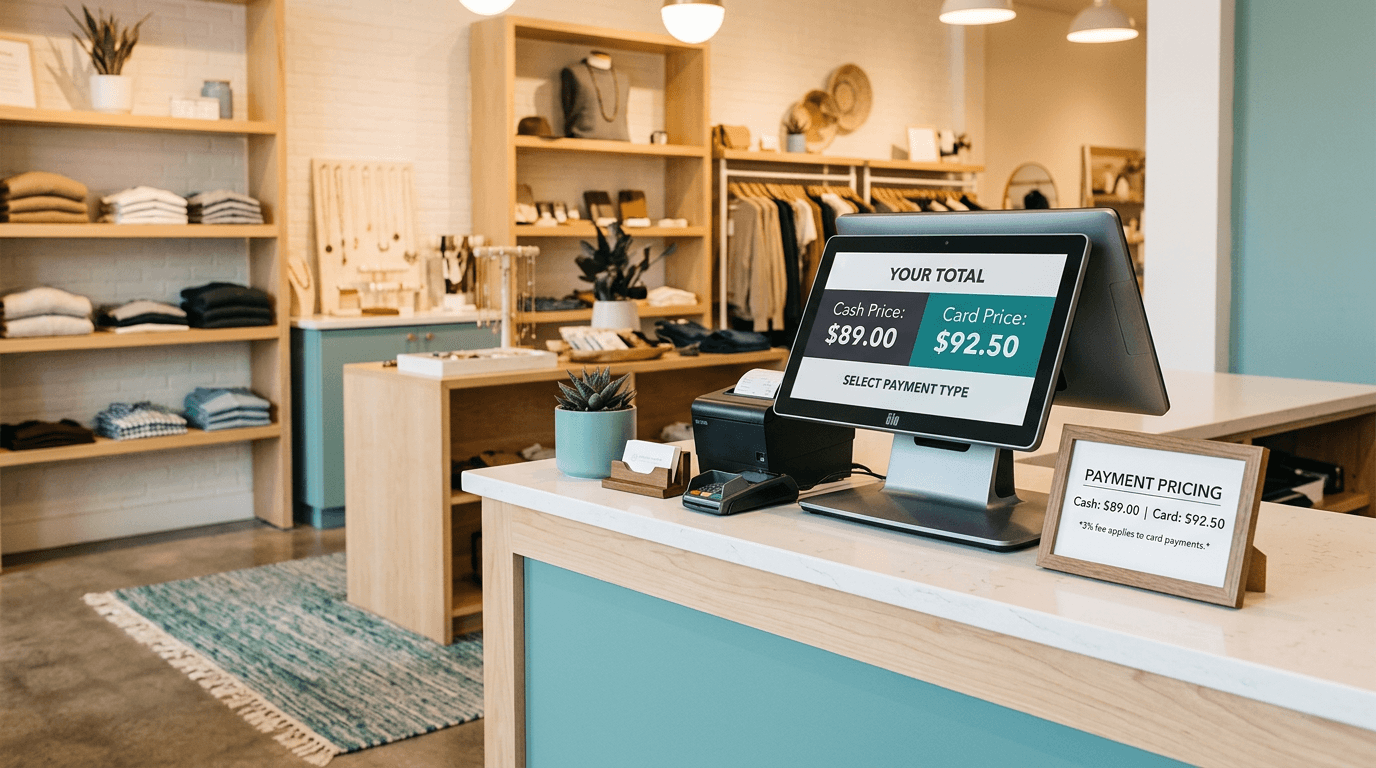 Storefront POS terminal displaying dual cash and card pricing