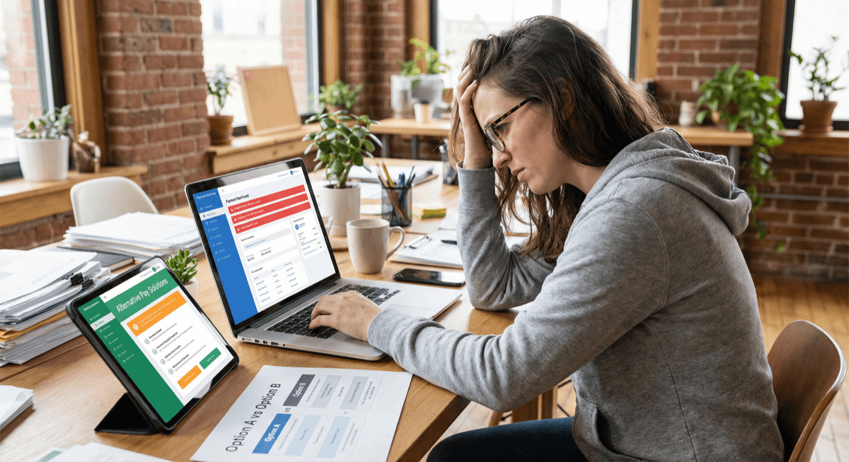 Business owner comparing payment processing options and dealing with limitations