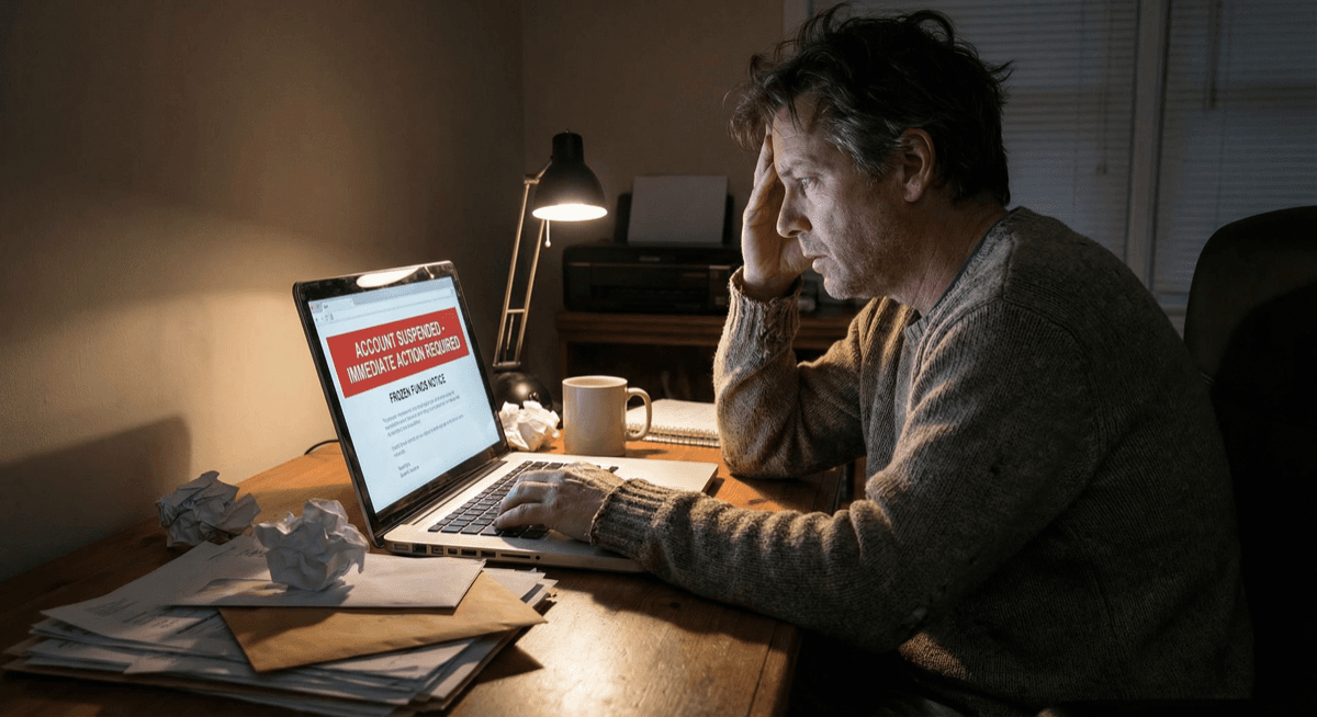 Business owner staring at a frozen account notice on their laptop