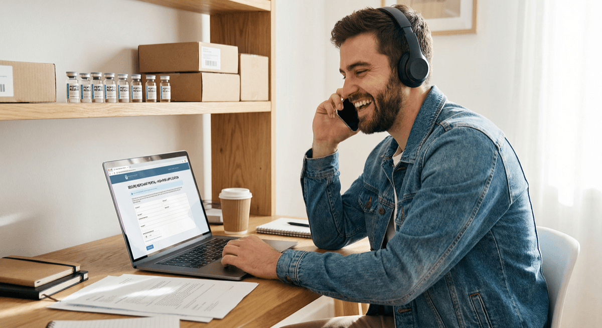 Young peptide company entrepreneur applying for a merchant account