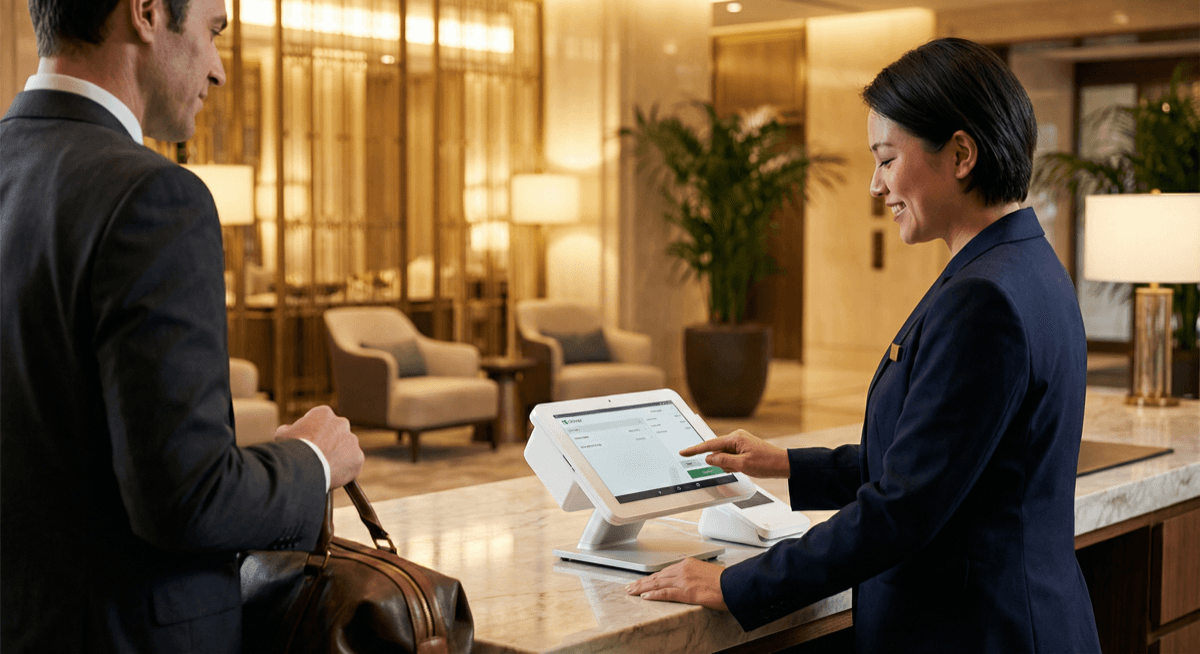 Hotel front desk concierge processing a guest checkout on a Clover Station POS terminal in an upscale hotel lobby