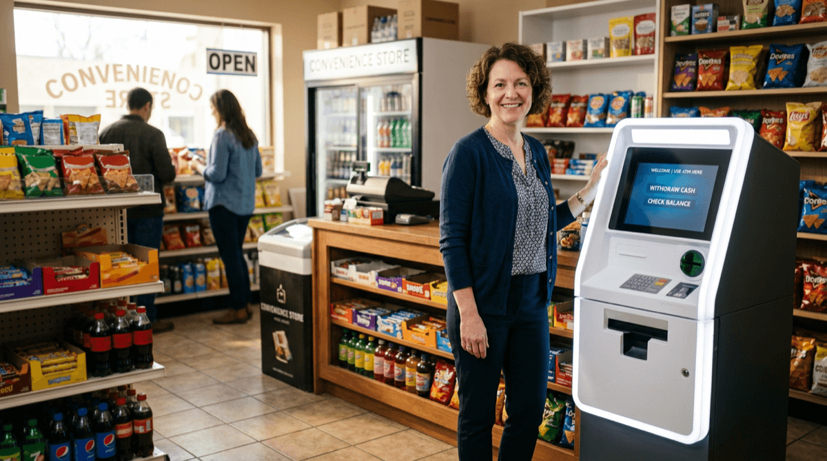 Business owner standing next to a new ATM machine in their convenience store