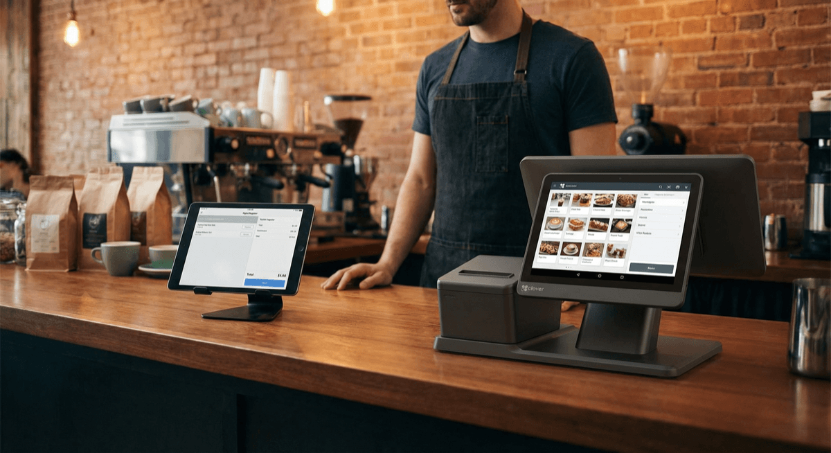 Comparison of an iPad POS setup and a Clover Station on a cafe counter showing the difference between tablet-based and dedicated POS