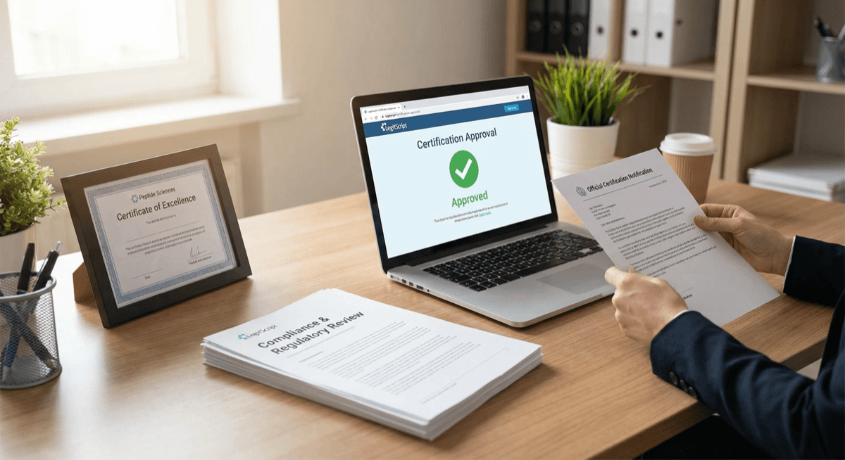 Business owner reviewing LegitScript certification approval with compliance documents on desk