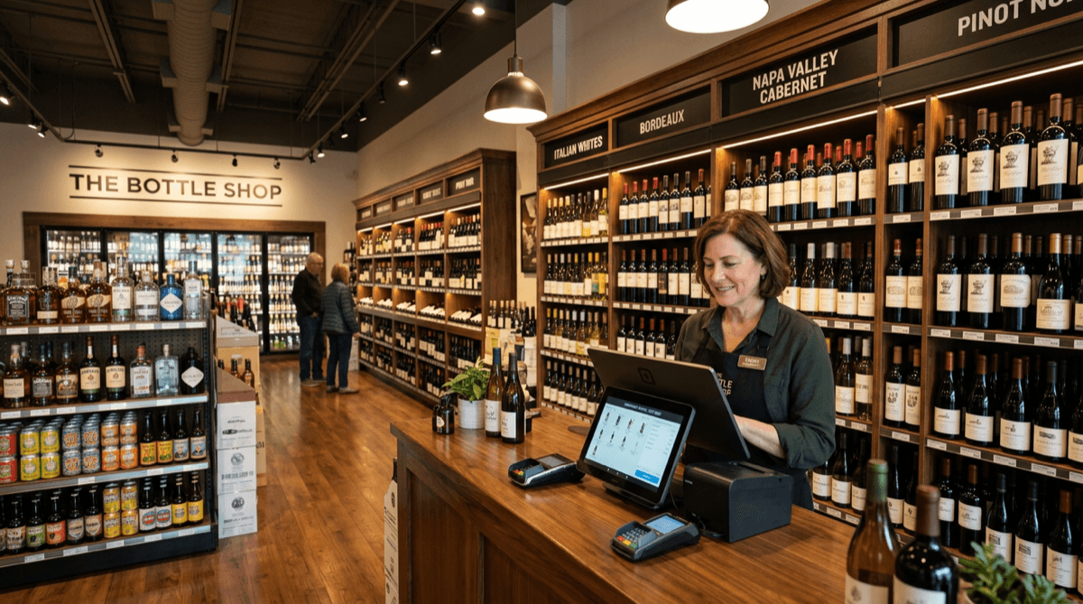 Liquor store owner reviewing inventory on a POS system at the checkout counter