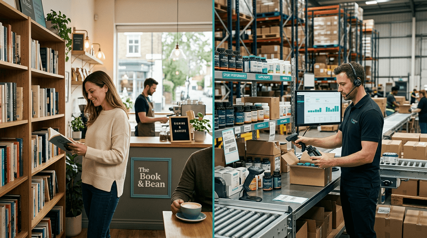 Split view of a calm bookshop versus a busy supplement warehouse