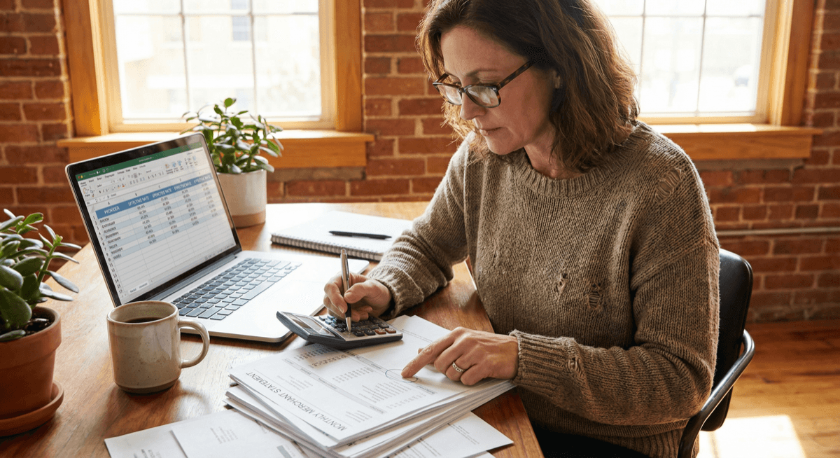 Business owner reviewing credit card processing statements and calculating fees