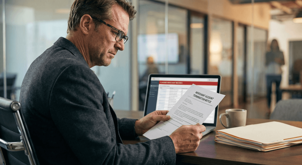 Compliance officer reviewing a merchant account termination notice at their desk