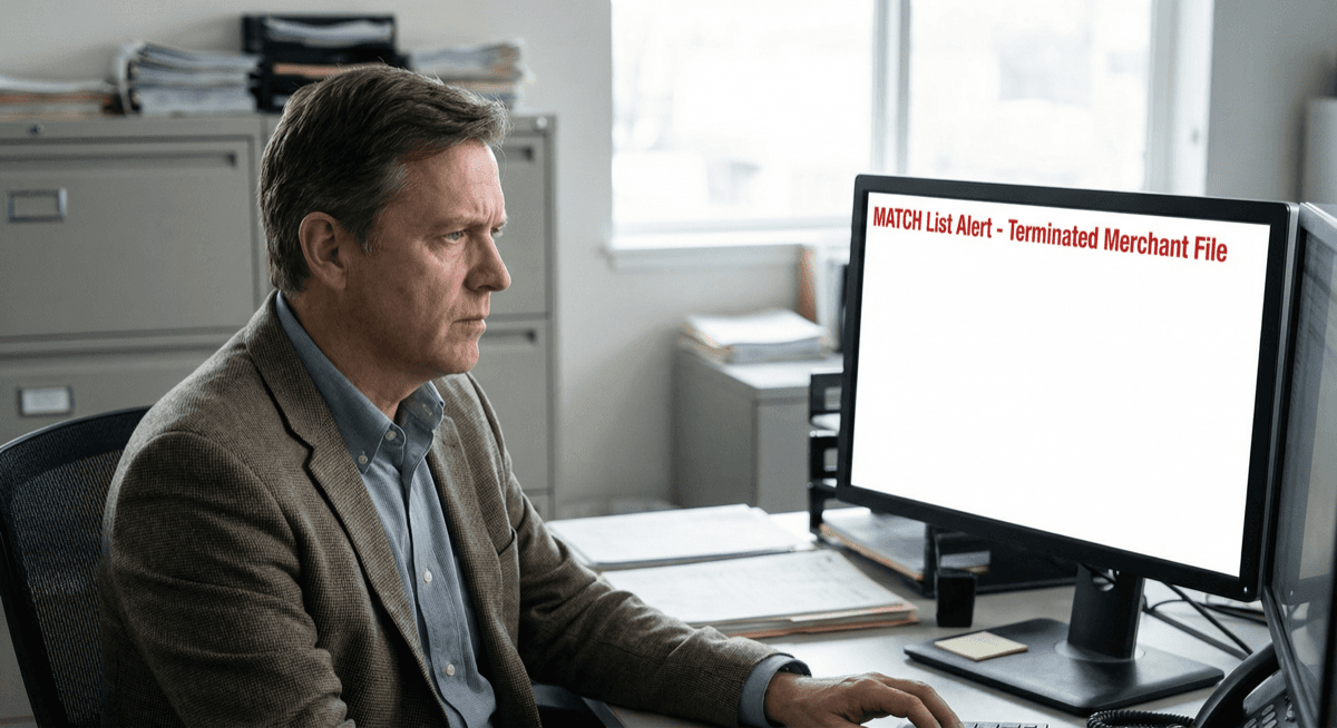 Compliance officer at desk reviewing a MATCH List Alert notification on monitor