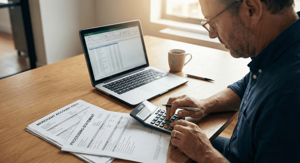 Business owner reviewing merchant account fee statements with a calculator at desk