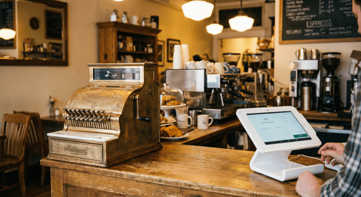 Old-fashioned brass cash register next to a modern Clover Mini POS terminal on a cafe counter