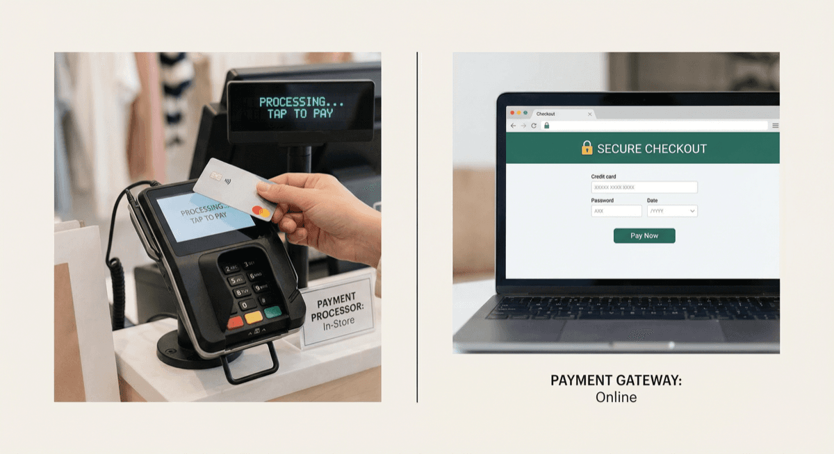 Side by side comparison of in-store payment processor and online payment gateway