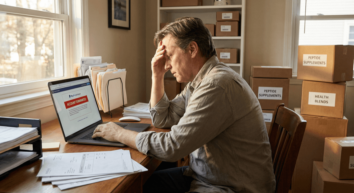 Stressed peptide business owner staring at an account terminated notice on their laptop