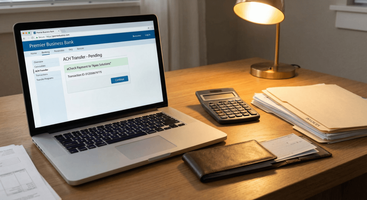 Laptop showing pending ACH bank transfer with calculator and business documents on desk