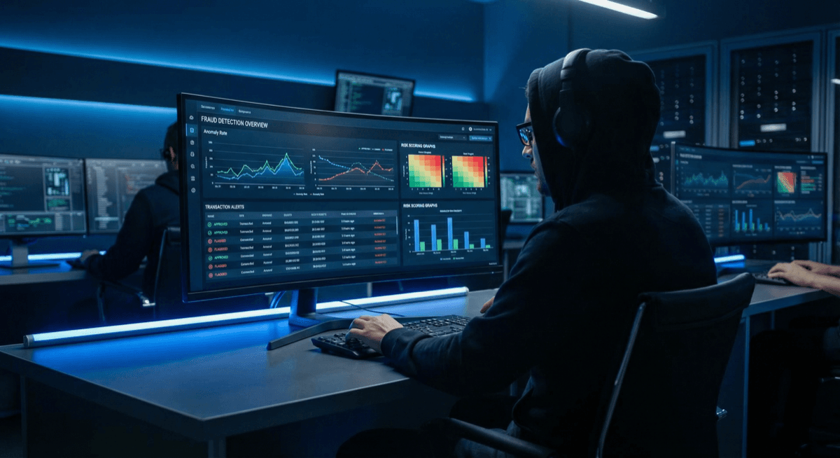 Security analyst reviewing fraud detection dashboard with transaction alerts