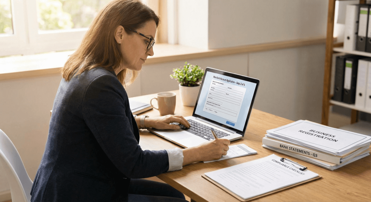 Business owner filling out a merchant account application with required documents
