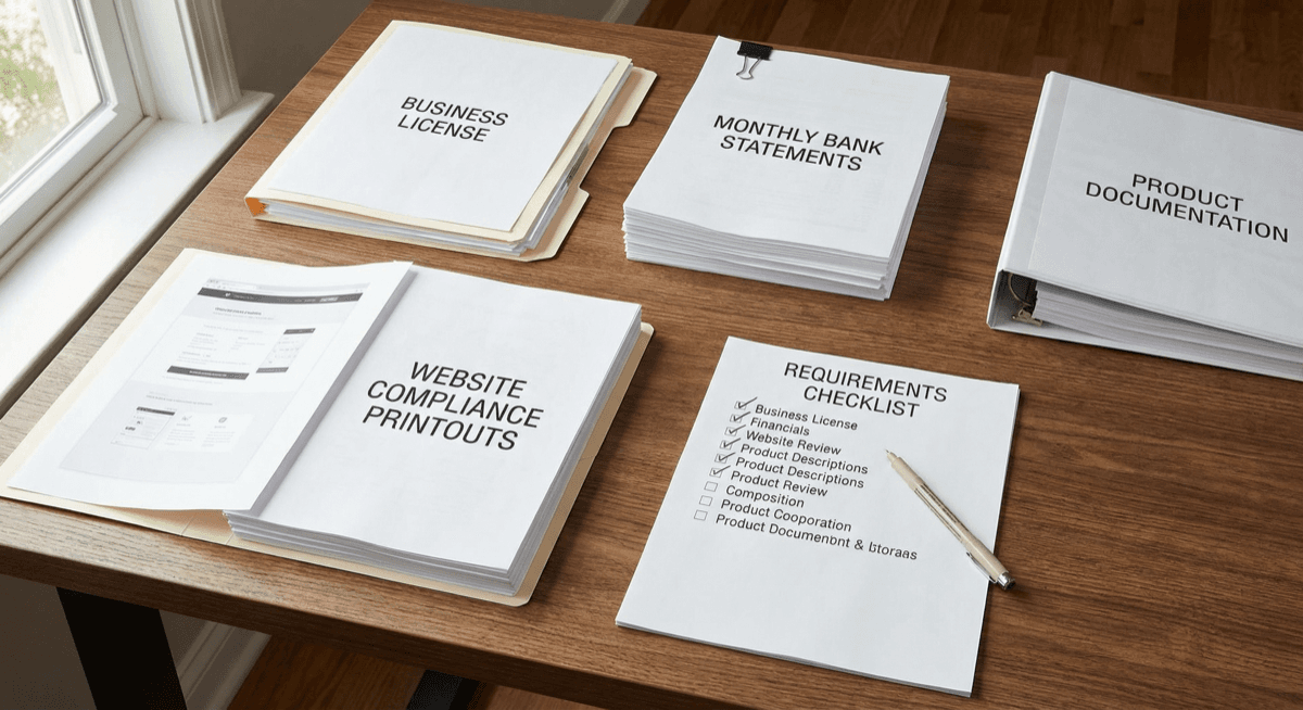 Organized merchant account requirement documents laid out on a desk