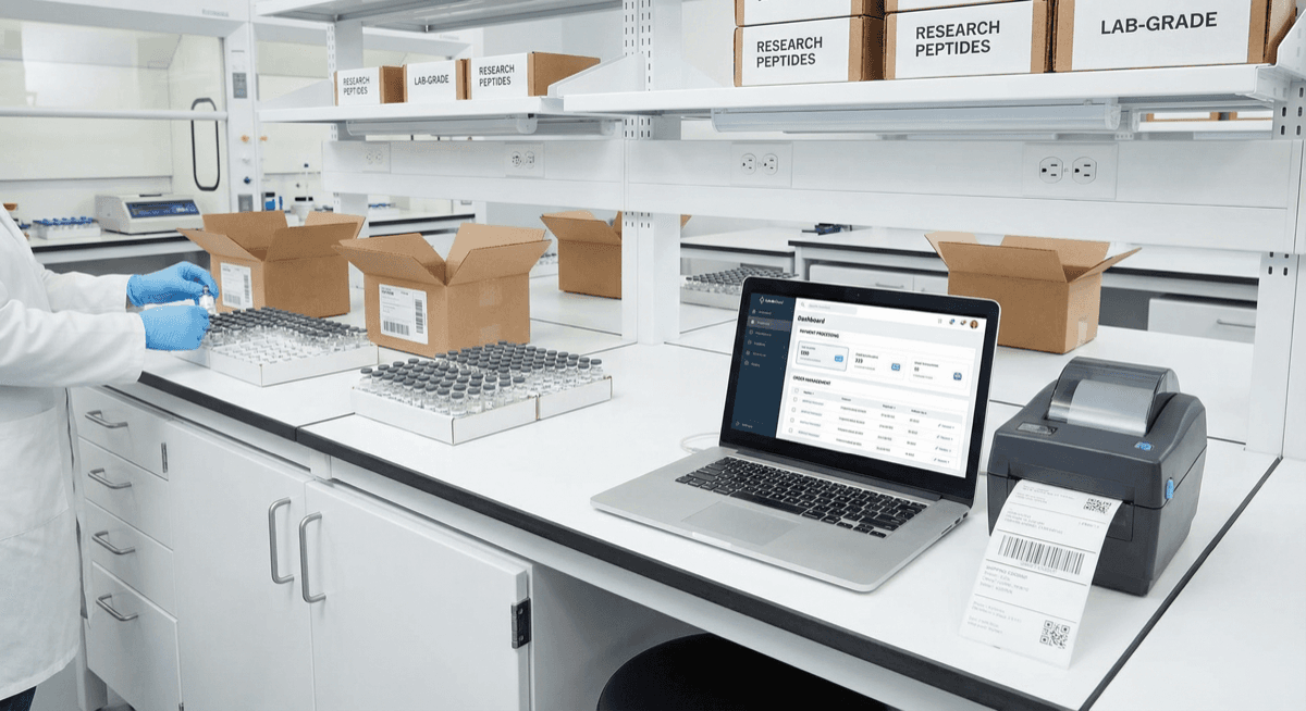 Peptide research products being packaged for ecommerce fulfillment in a lab setting