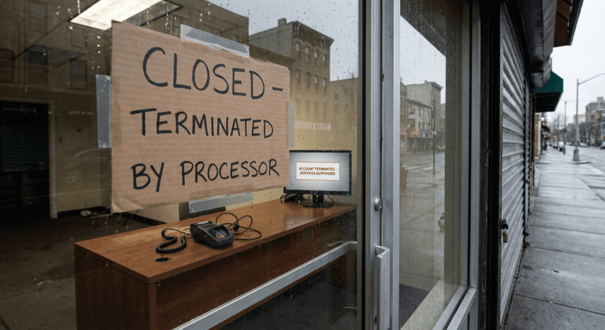 Closed storefront with terminated by processor sign on the door