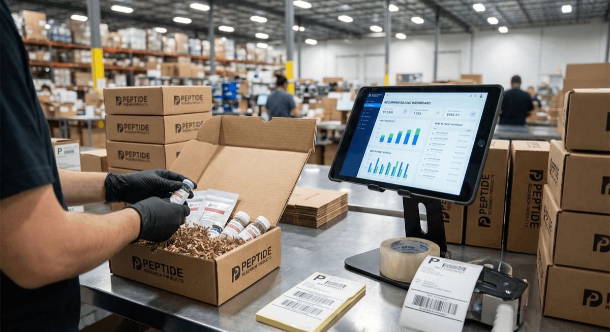 Fulfillment worker packing peptide subscription box with recurring billing dashboard on tablet