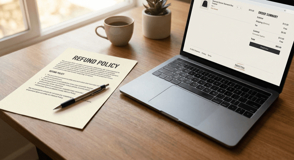 Refund policy document on desk next to laptop showing ecommerce checkout page