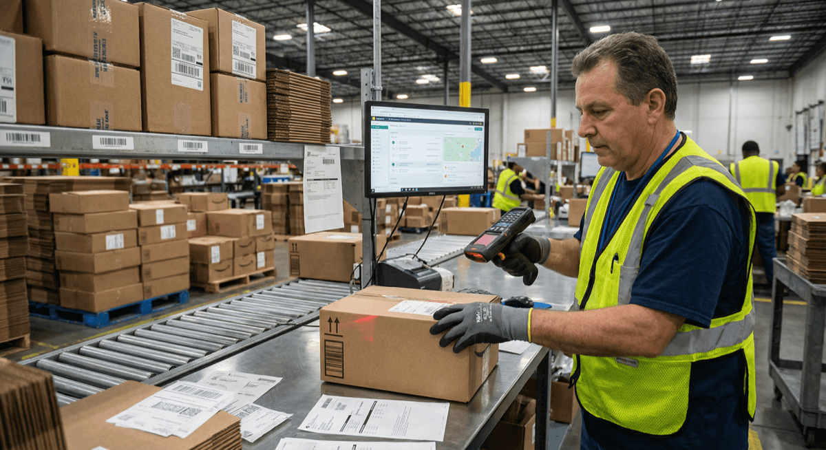 Warehouse worker scanning a package at a fulfillment shipping station with tracking screen