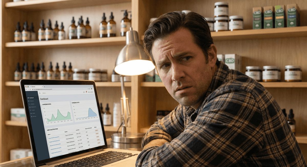 CBD store owner reviewing chargeback dispute data on laptop with CBD products on shelves behind