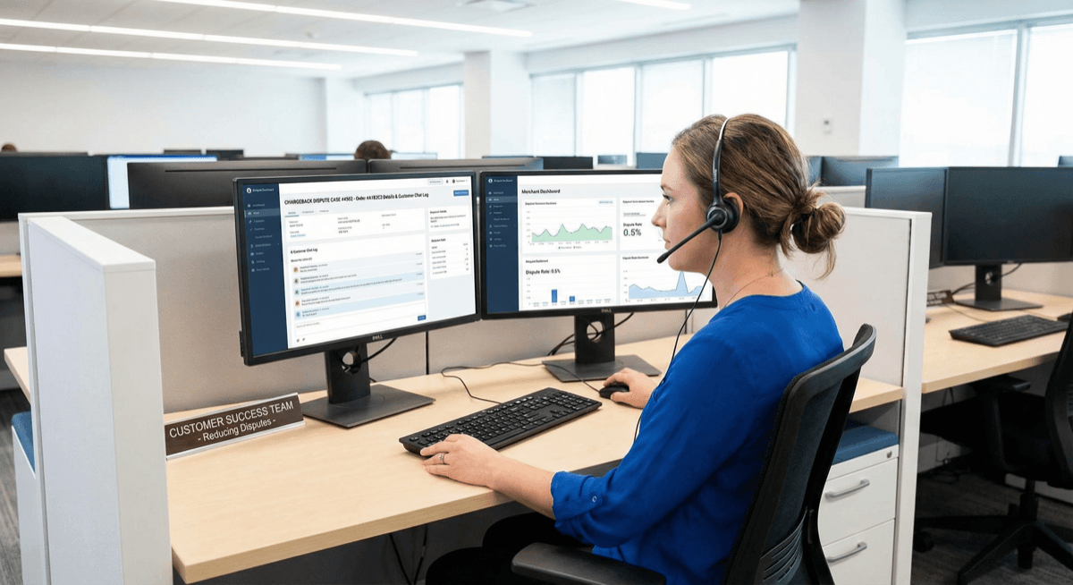 Customer service representative handling chargeback disputes on dual monitors