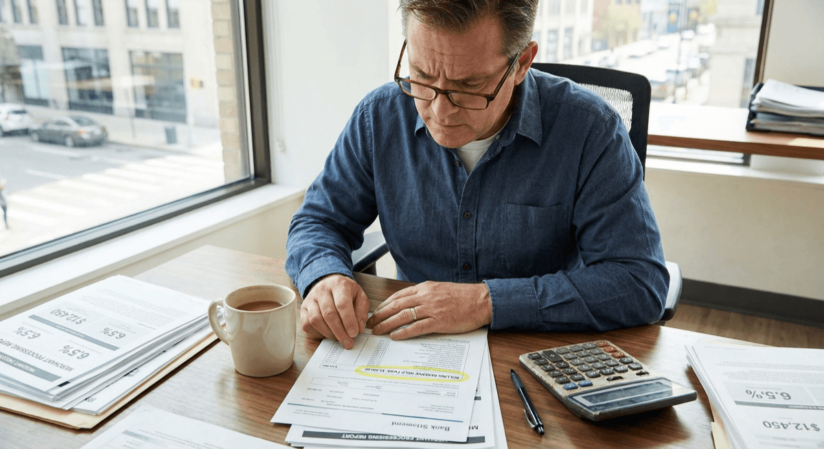 Business owner reviewing rolling reserve amounts on processing statements