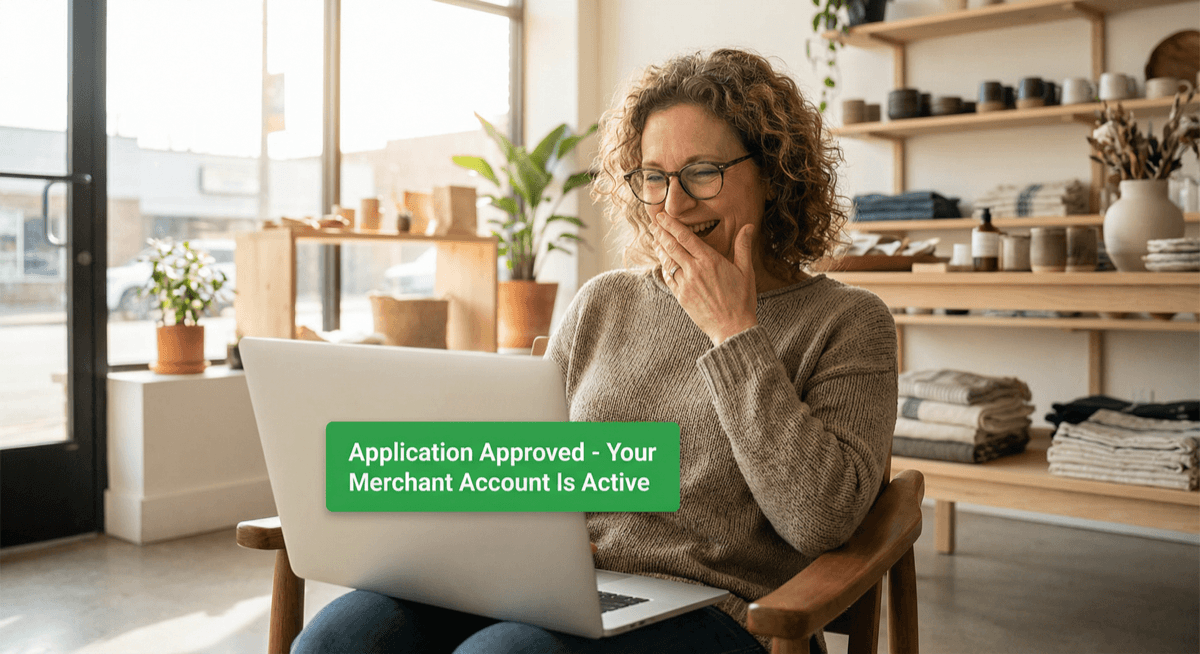 Happy small business owner seeing Application Approved notification on laptop screen in her new shop