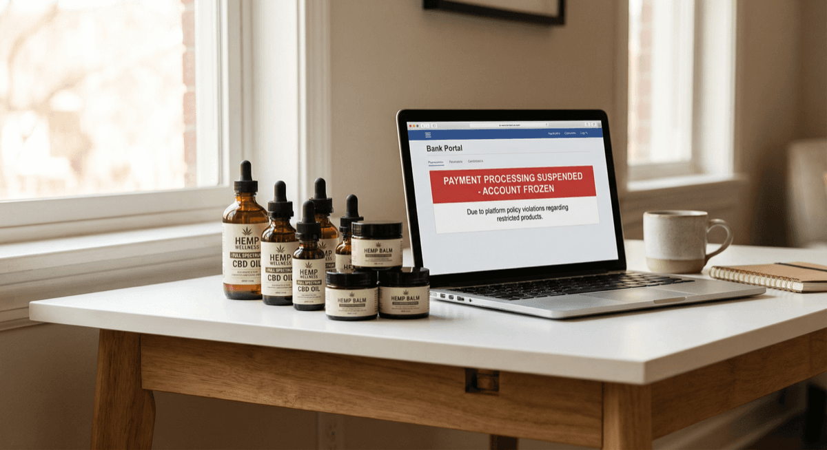 CBD oil bottles and hemp products next to laptop showing frozen payment account notification