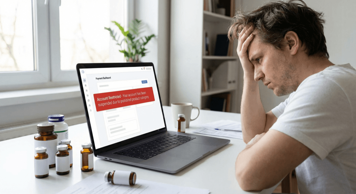 Frustrated peptide business owner seeing account restricted notification on payment dashboard